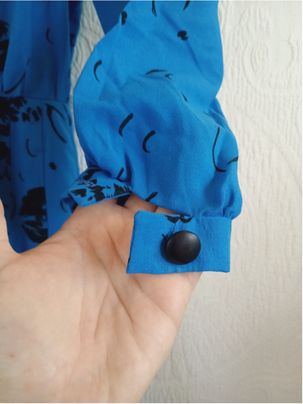 80s Button down Midi shirt Dress electric Blue Black floral vintage secretary M - Picture 9 of 16